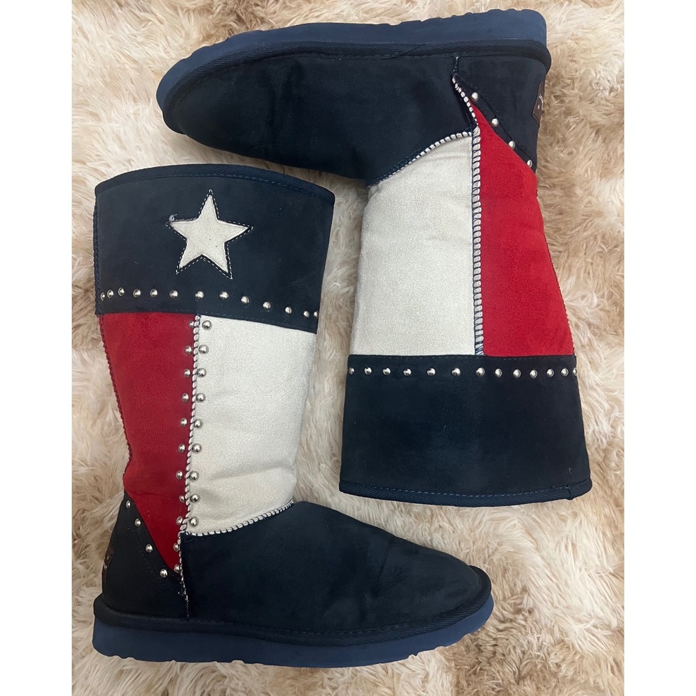 Montana West Texas Flag Suede Studded Star Faux Fur Lined Boots Navy Red White 7